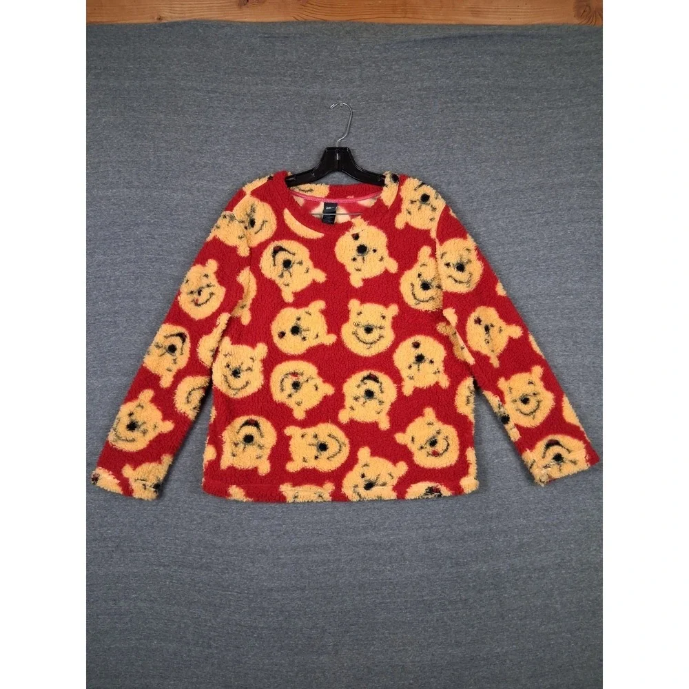 Disney Store Adult Sweatshirt Large Red Yellow AOP Winnie The Pooh Plush Fleece